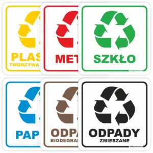 Zestaw naklejek na kosze do segregacji - białe z kolorową grafiką