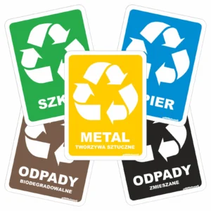 Zestaw naklejek na kosze do segregacji - kolorowe tło z białą grafiką (W2)