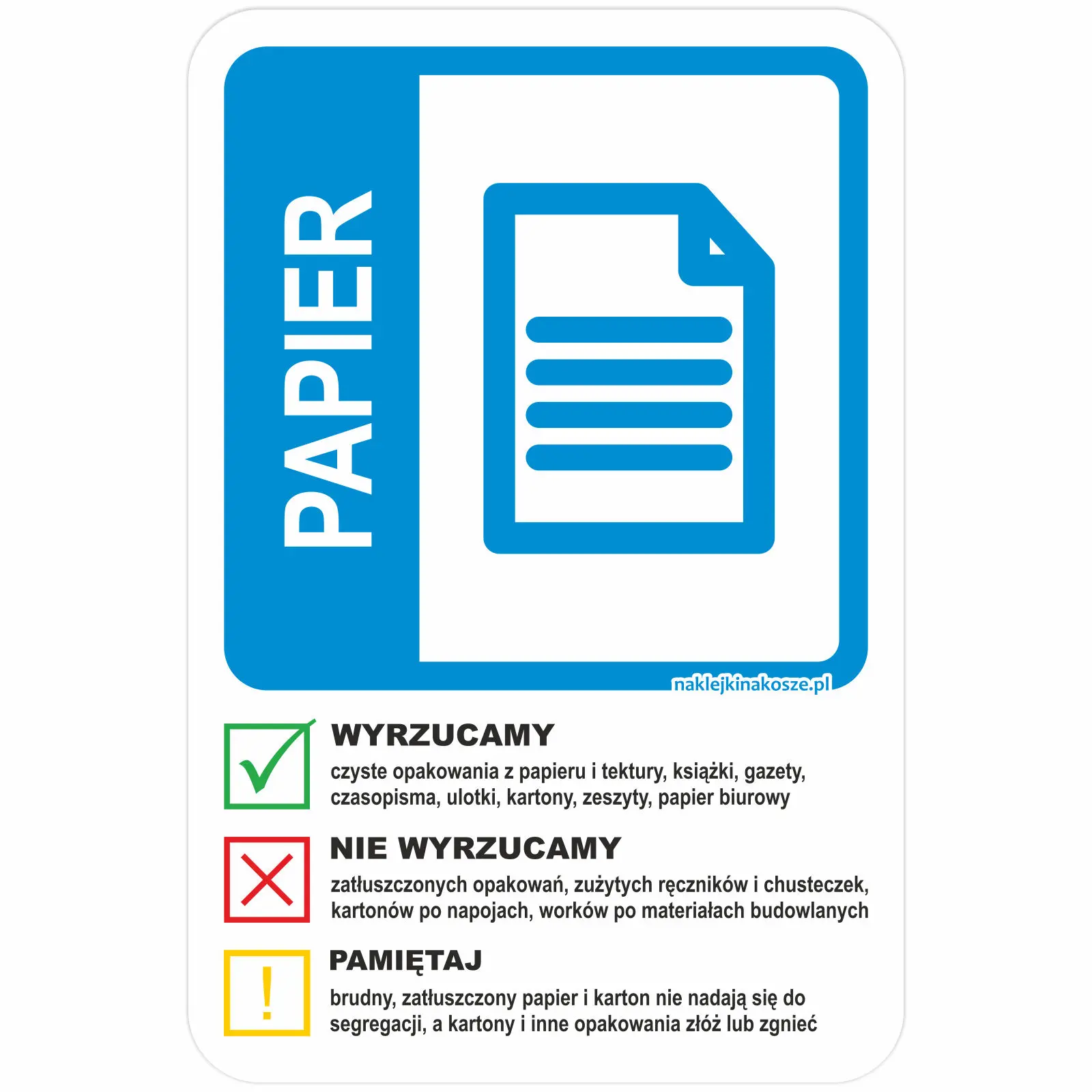 Naklejka na kosz do segregacji odpadów papierowych z instrukcją (30W5)