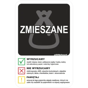 Naklejka na kosz do segregacji odpadów zmieszanych z instrukcją (30W6)