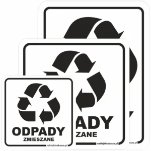 Naklejka na kosz Odpady Zmieszane – biała z kolorową grafiką - różne rozmiary