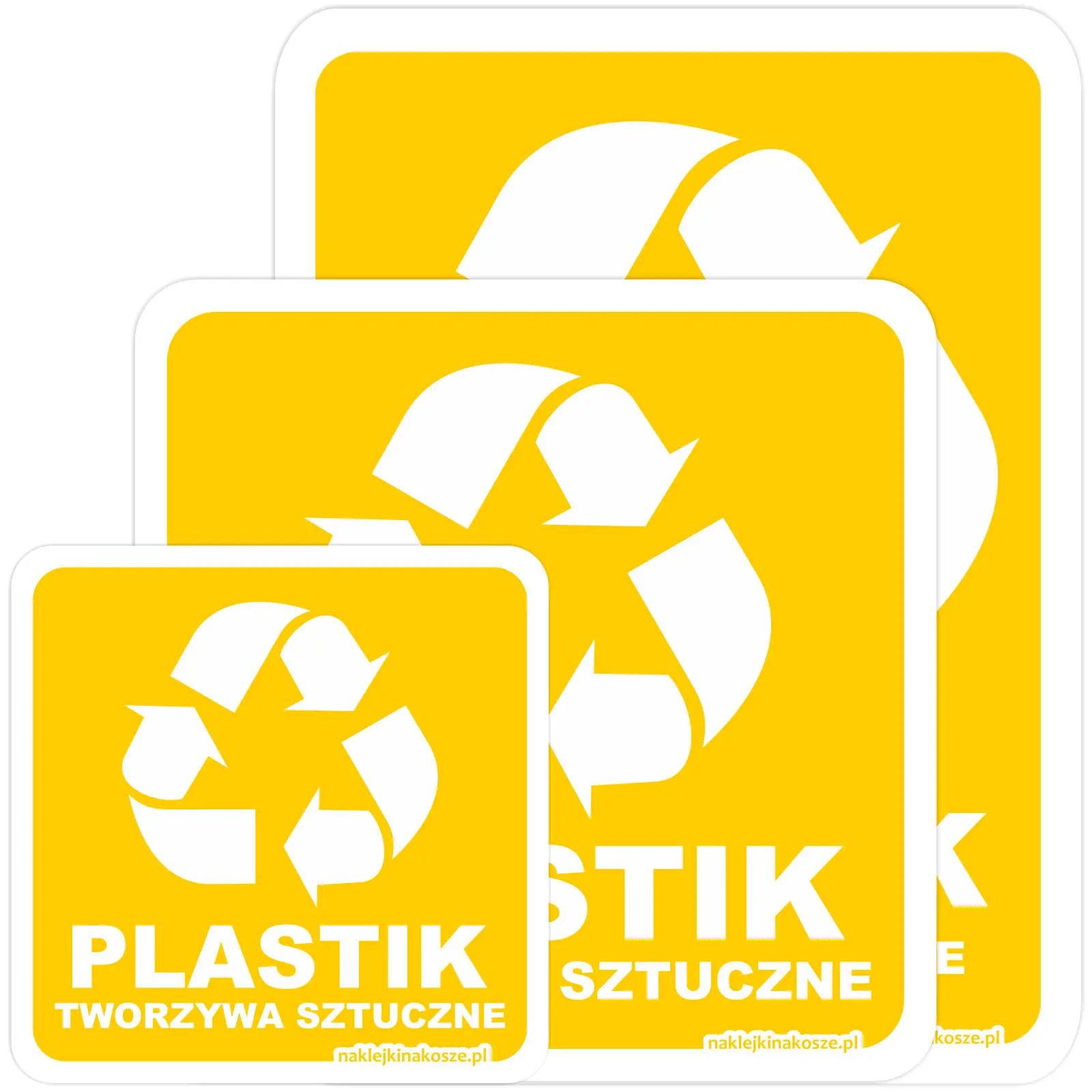 Naklejka na kosz Plastik / tworzywa sztuczne – biała z kolorową grafiką - różne rozmiary (W2)