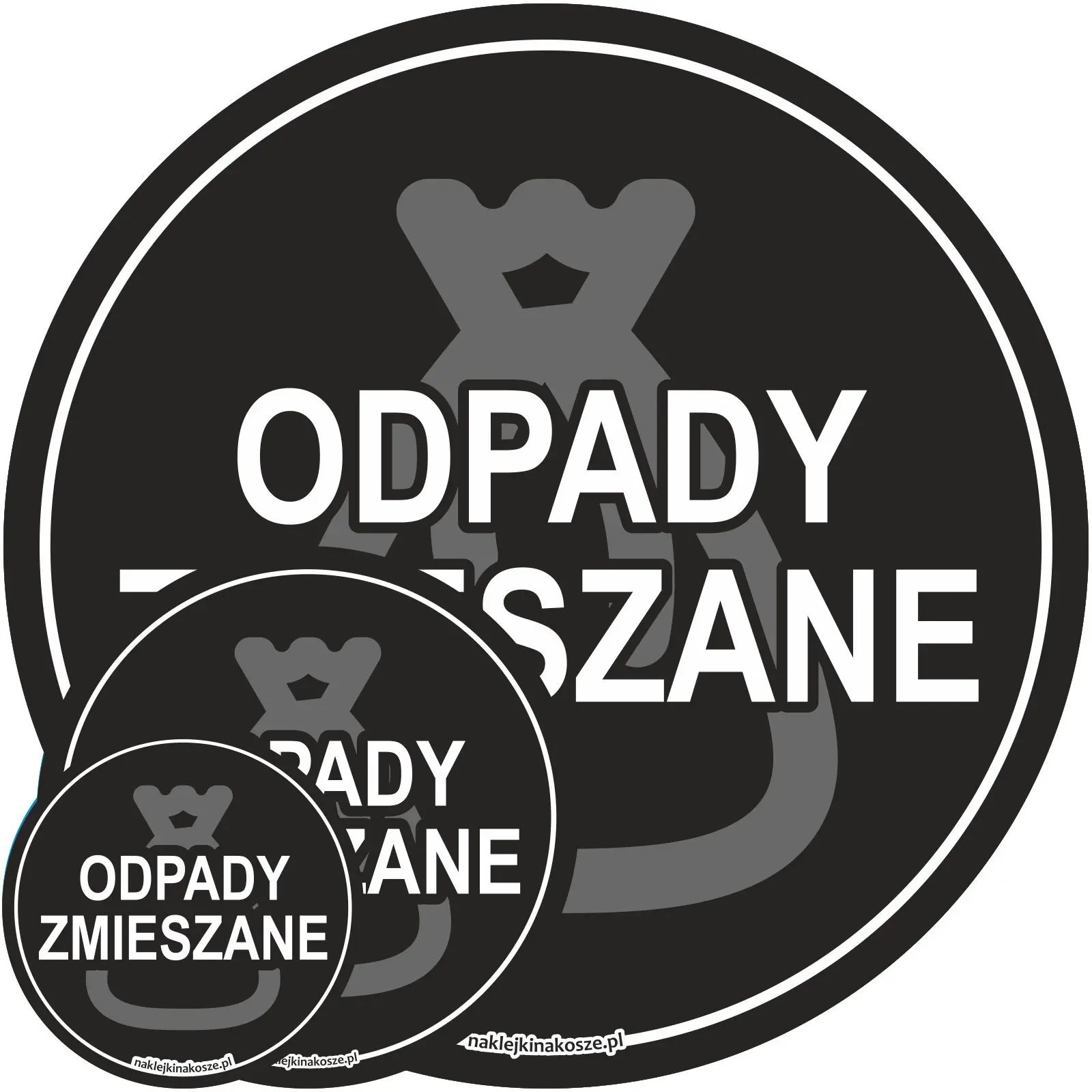 Naklejka na kosz Odpady zmieszane – okrągła, kolorowa z białą grafiką - różne rozmiary