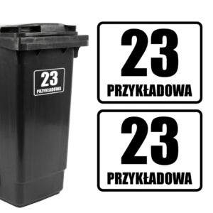 Dwie naklejki na kosze do segregacji z adresem